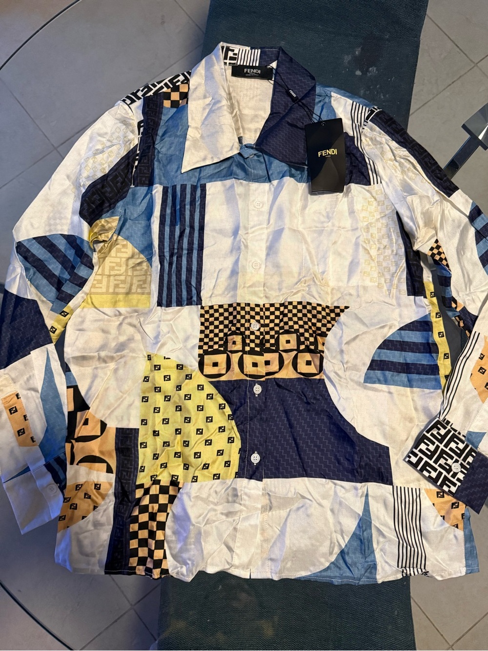 Fendi Blue, Navy, Yellow & Cream Geometric Patchwork Shirt - Picture 2 of 3